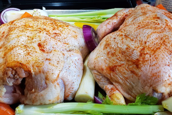 picture of chicken a veggies ready to roast