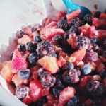 Picture of berries, rhubarb mixed with cornstarch, sugar, and lemon juice