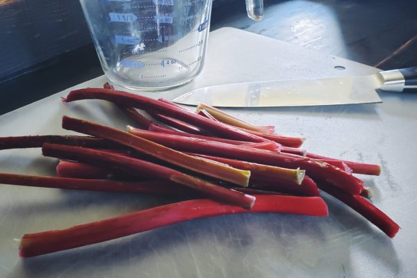 Rinsed garden rhubarb ready to be cut for scones